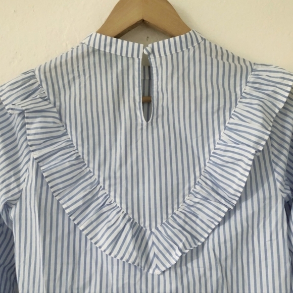 Express Blue White Striped Ruffle Blouse 100% Cotton Women's Small S Keyhole - Picture 4 of 7